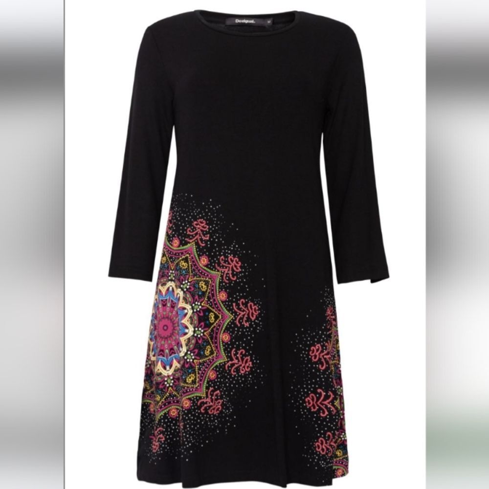 NWT Desigual Mara Embroidered Mandala 3/4 Sleeve A-Line Black Mini Dress